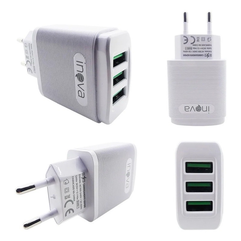 Carregador Celular 3 Entradas USB Fonte Tomada 5.1A Turbo Rápida SEM CABO