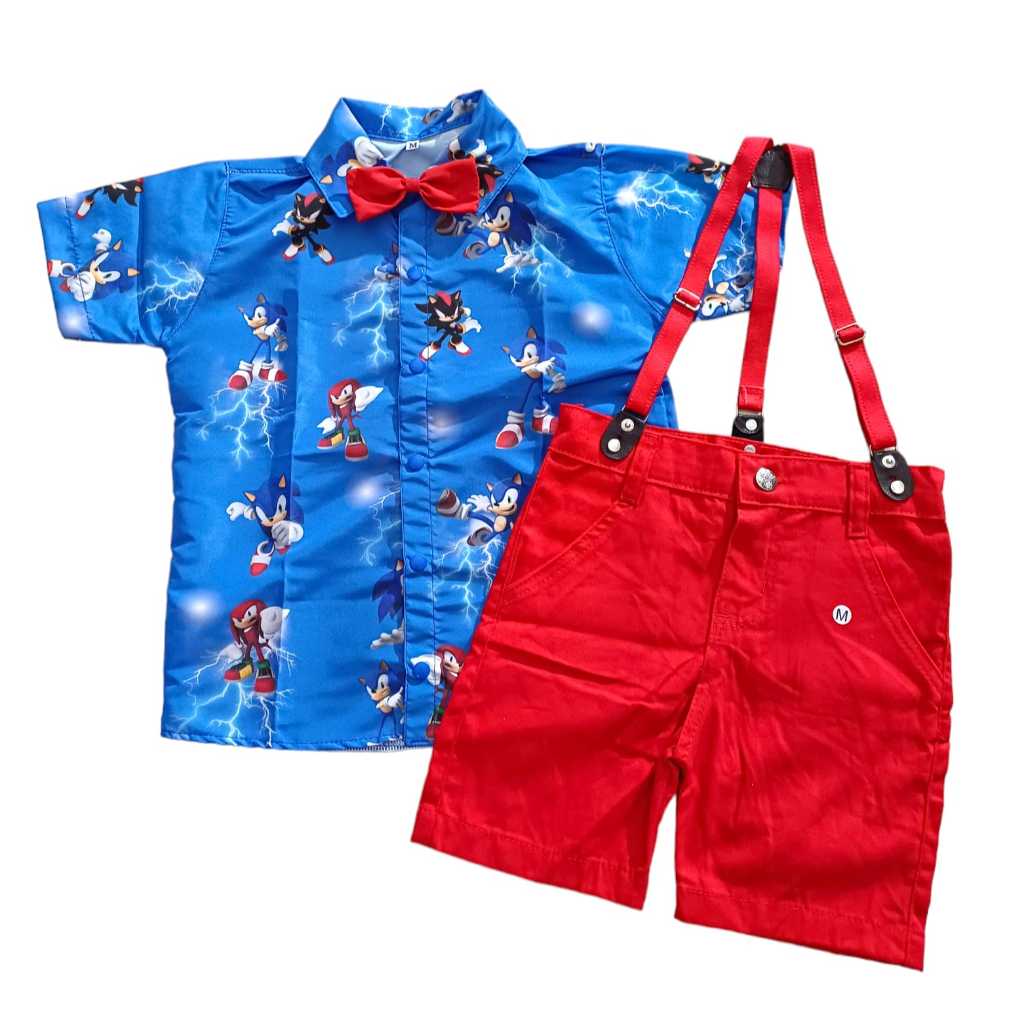Conjunto Bermuda Suspensório Gravata Temático SONIC Aniversários e Festas.