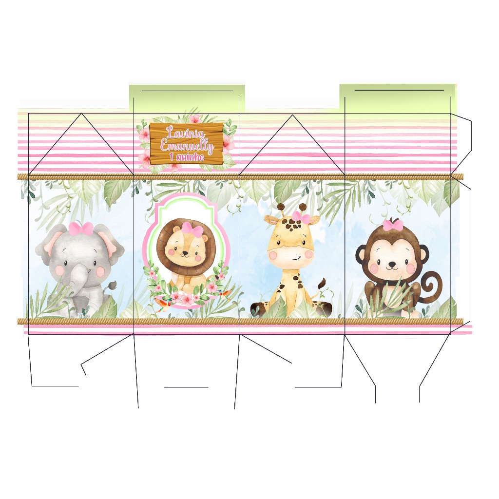 Kit Pegue Monte Personalizados Safari Menina 20 a 60 Caixinhas Lembrancinhas Aniversário Mesversário