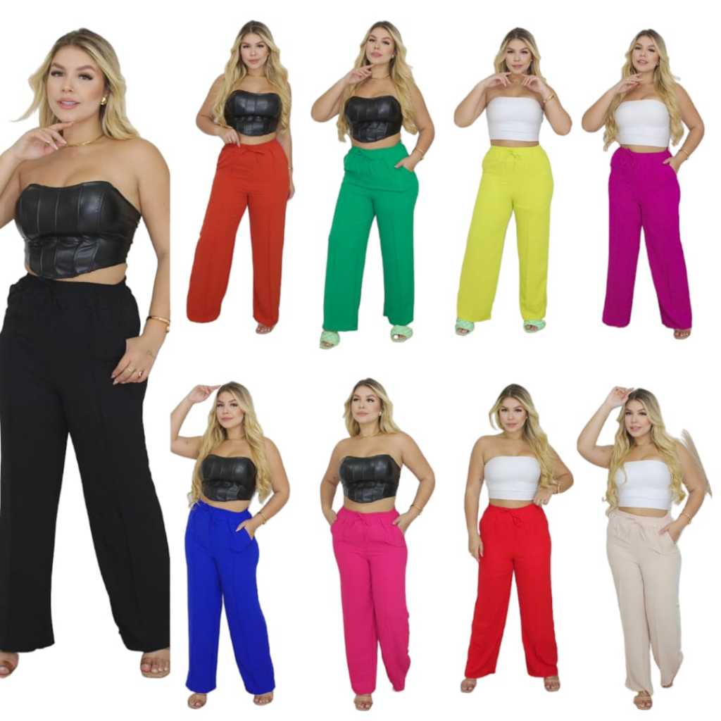 Calça Pantalona Feminina Cintura Alta   Com Elastex Tendência Moda Envio Imediato