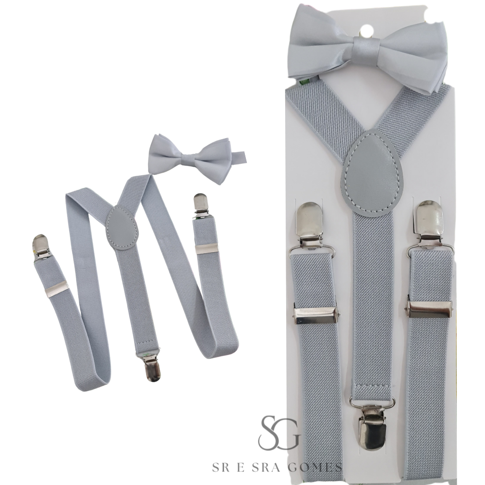 Kit Suspensório Cinza Claro + Gravata Borboleta Infantil