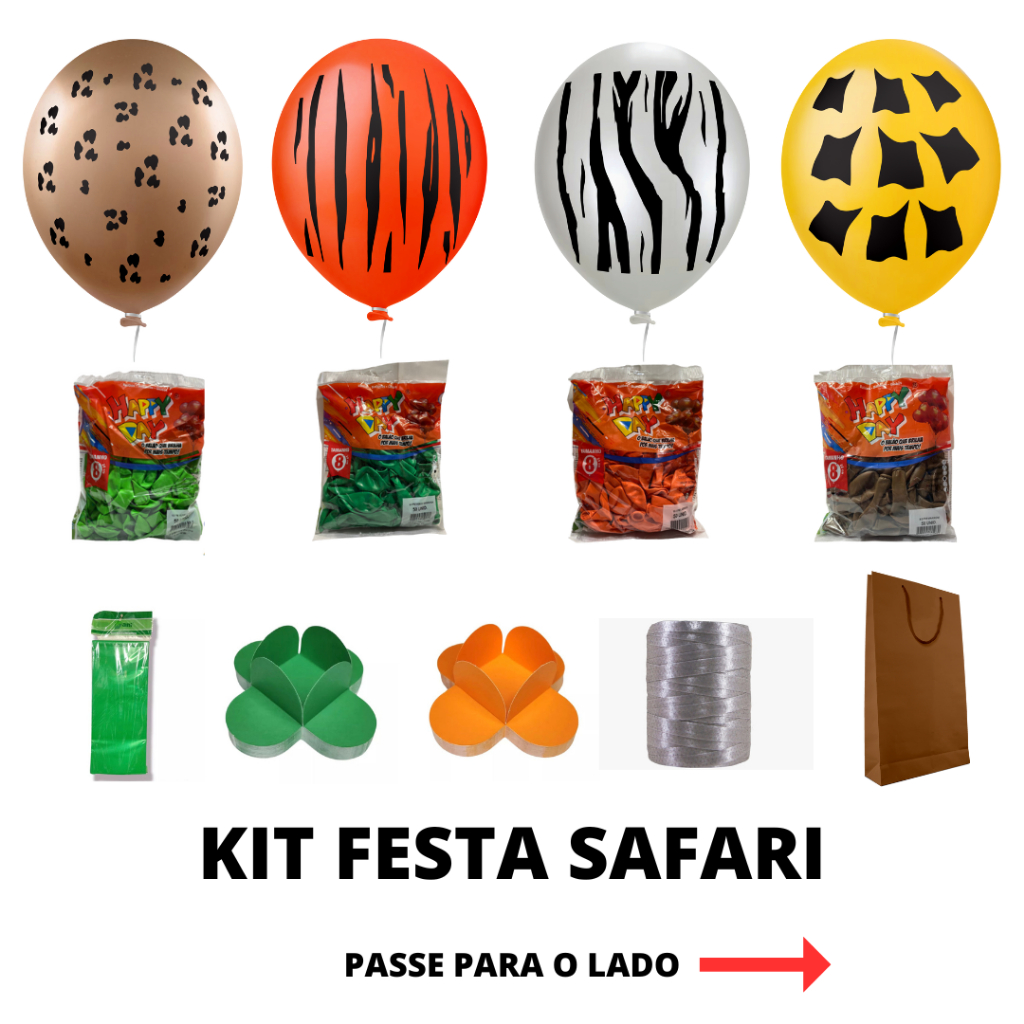 Kit Festa Safari com 200 Bexigas + 25 Bexigas Temáticas + Toalha de Mesas + Forminha + Fitilho + Sacola Surpresa