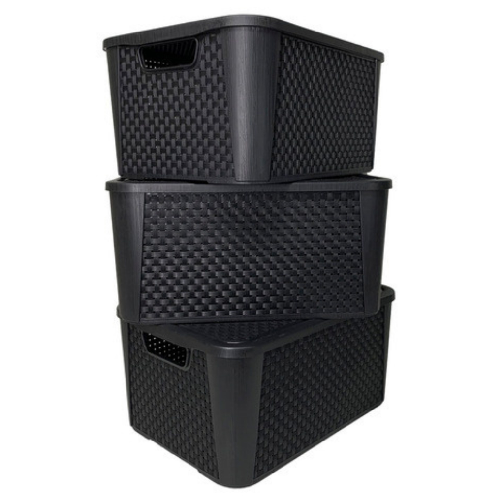 Kit 3 Caixas Organizadoras Cesto 8 Litros Rattan Preta Reforçada