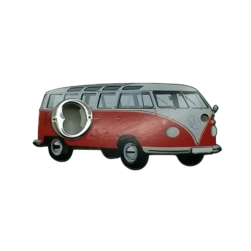Abridor De Garrafas Portátil com Imã para Reter Tampinha temático colecionável modelo Kombi Vermelha