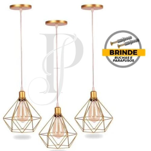 Kit 3 Pendente Aramado Diamante Luminária Lustre Teto Retro Industrial