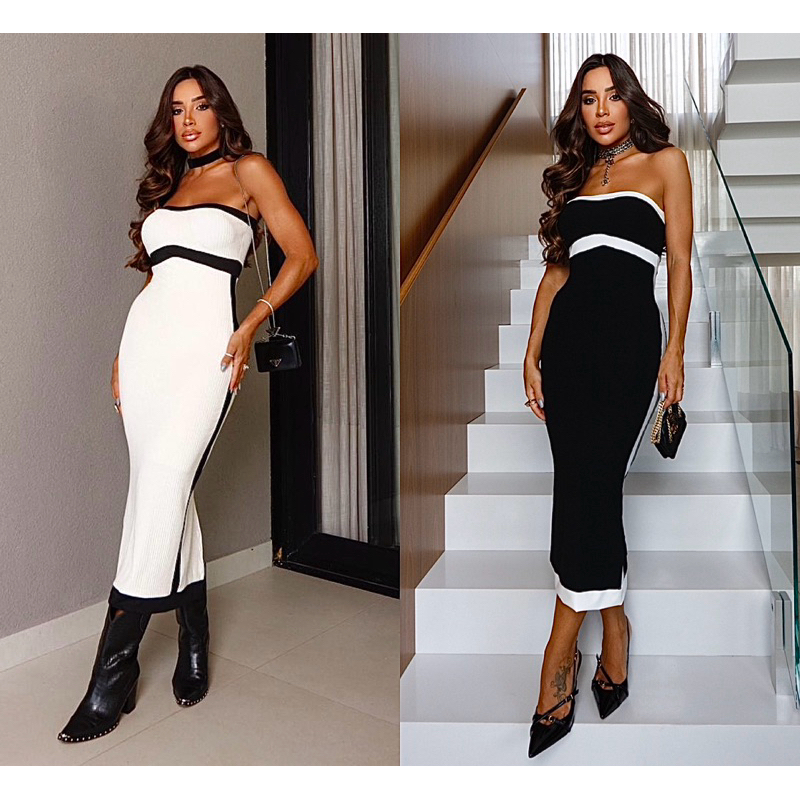 TEREZA -  Vestido Tomara que Caia Midi Tubinho Bicolor - Canelado Premium
