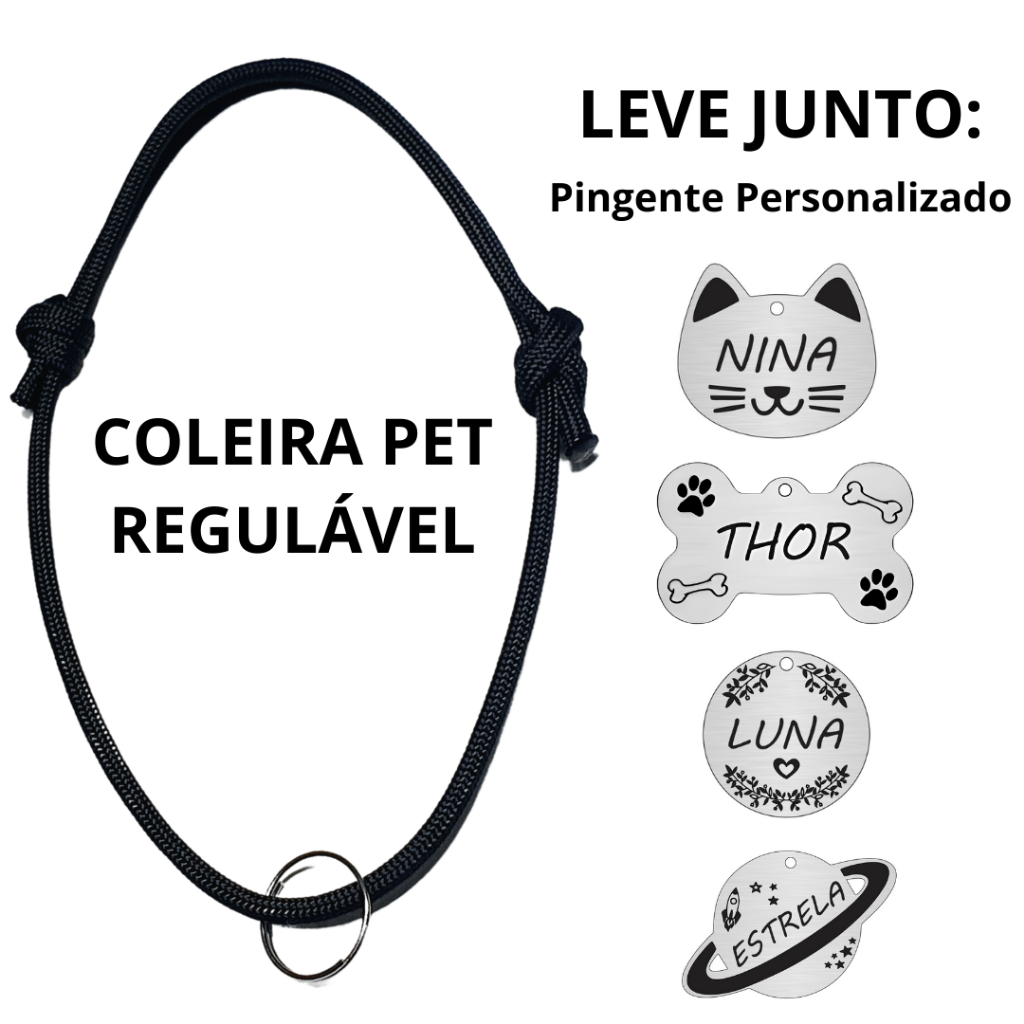 Placa de Identificação Pet Personalizado + Coleira para Cachorro Gato Plaquinha