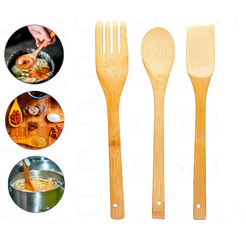 Kit Conjunto De Utensílios para Cozinha De Bambu 03 Peças