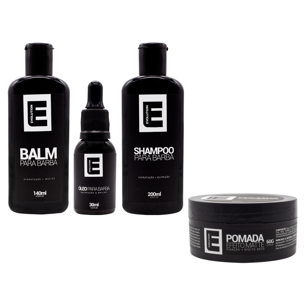 Kit Cuidados Barba e Cabelo - 1 Pomada Matte + Balm + Shamppo + Óleo para Barba Evolution Barber