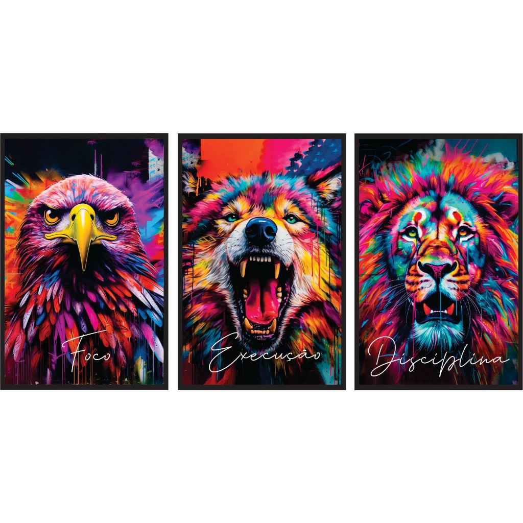 Quadro decorativo foco execução disciplina colorido 3 peças (FOCO COLORIDO TINTA ÁGUIA)