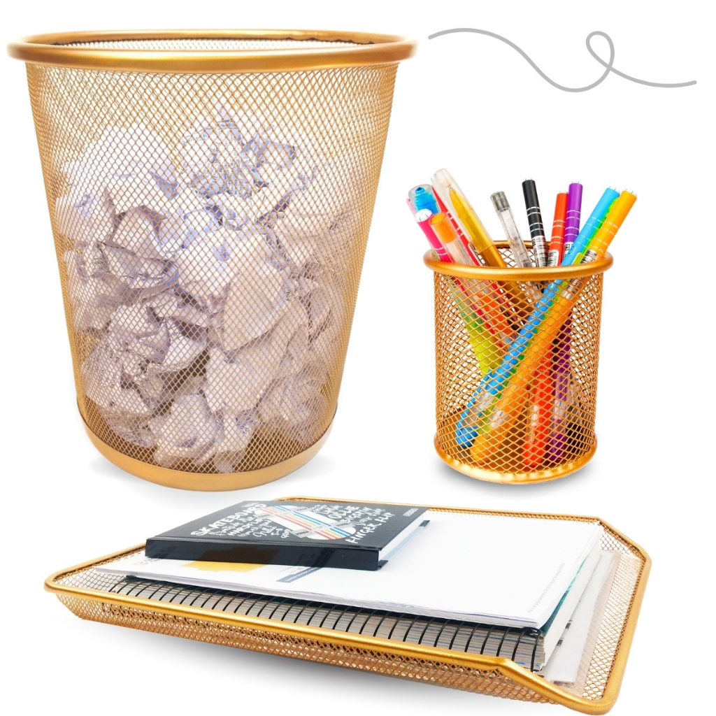 Kit Escritório Porta Caneta Lápis, Lixeira Aramada 10 Litros, Bandeja Organizadora Papel A4 Dourado