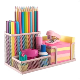 ORGANIZADOR DE MESA TRÊS DIVISORIAS TELADO METAL PORTA TRECO CARTAO ESCRITORIO TESOURA LAPIS CANETA ROSA em Oferta na Shopee