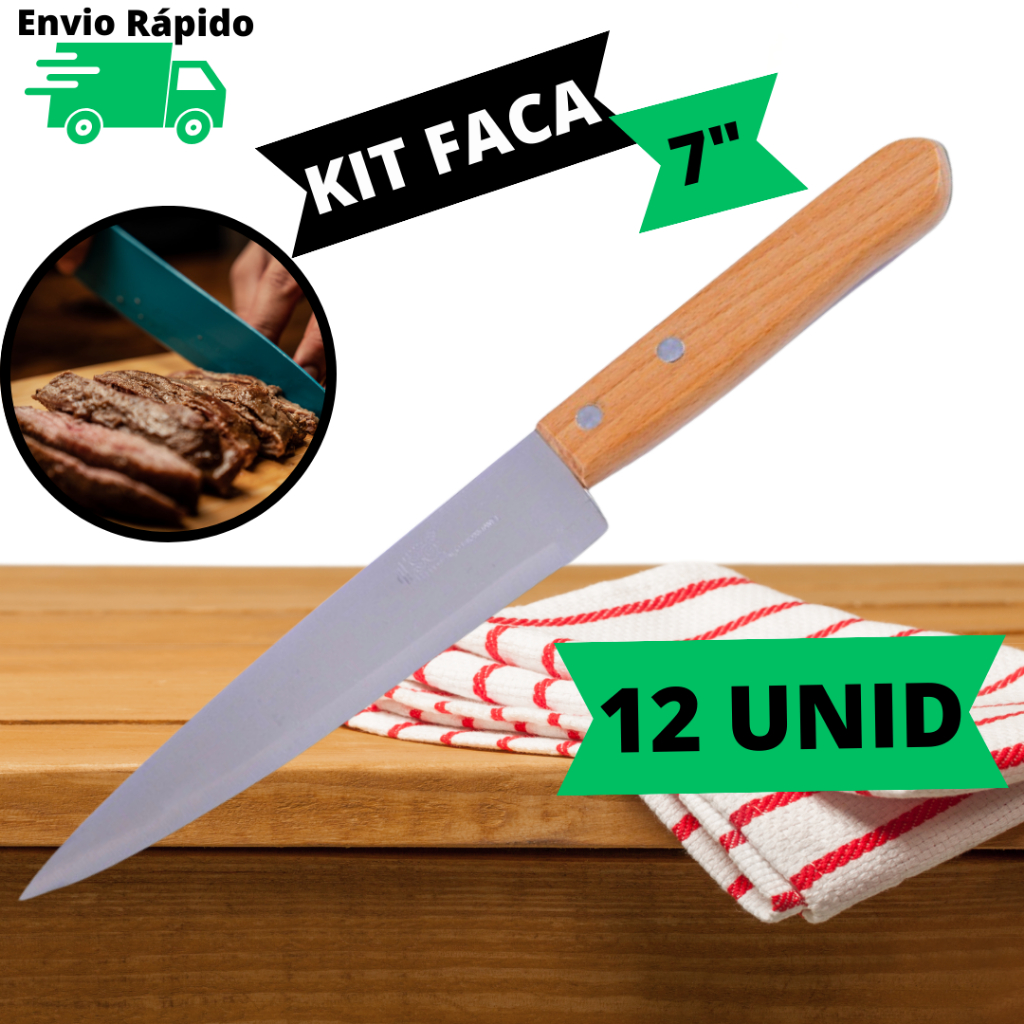 Kit 12 Faca De Cozinha 7'' Aço Inox Do Chef Profissional 30CM Com Cabo De Madeira SQ Para Cortes de Carnes Peixes Alimentos Para Restaurante Churrasco Cozinha