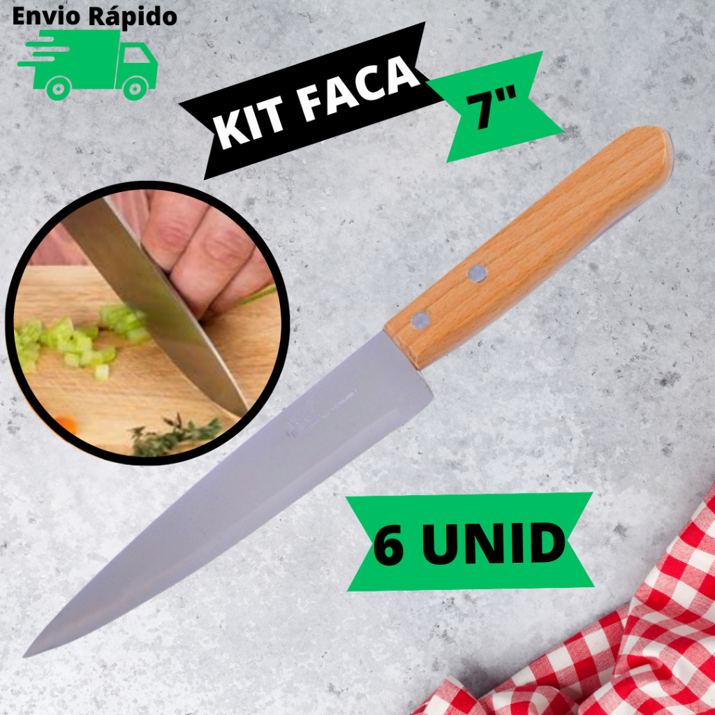 Kit 6 Faca De Cozinha 7'' Aço Inox Do Chef Profissional 30CM Com Cabo De Madeira SQ Para Cortes de Carnes Peixes Alimentos Para Restaurante Churrasco Cozinha
