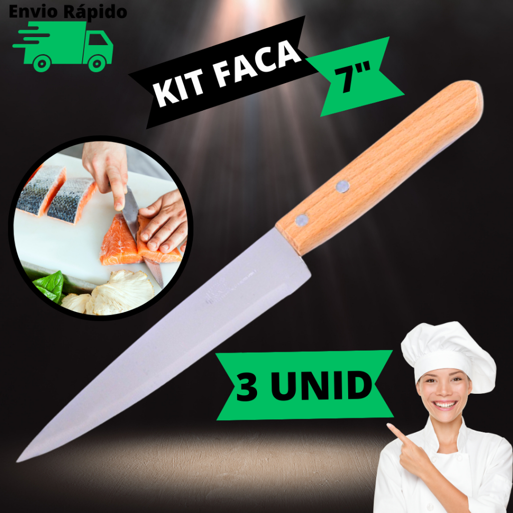 Kit 3 Faca De Cozinha 7'' Aço Inox Do Chef Profissional 30CM Com Cabo De Madeira SQ Para Cortes de Carnes Peixes Alimentos Para Restaurante Churrasco Cozinha
