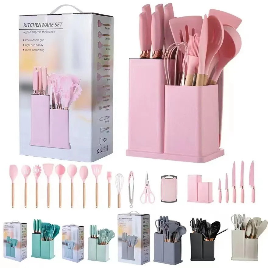 kit Completo Jogo Utensílios de Cozinha Luxo 19 Peças Com Tábua em Silicone Espátula Faca Tesoura