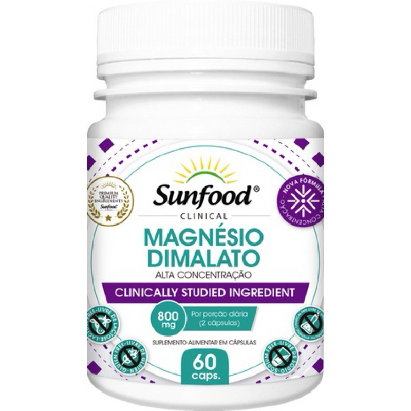 Magnésio Dimalato Alta Concentração 800 mg 60 Cápsulas Sunfood