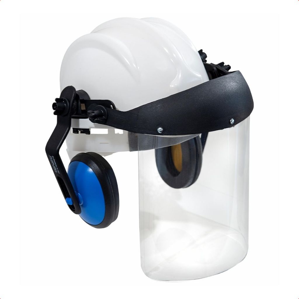 Capacete Segurança PLT Acoplado Carneira Protetor Auditivo Protetor Facial Viseira Máscara Roçadeira