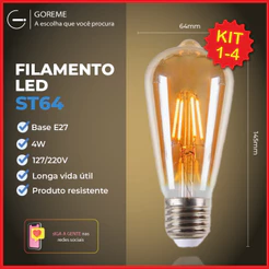 Lâmpada Filamento LED ST64 4W E27 LUZ QUENTE (AMARELO) Âmbar Retrô Vintage 110V~220V | Bivolt
