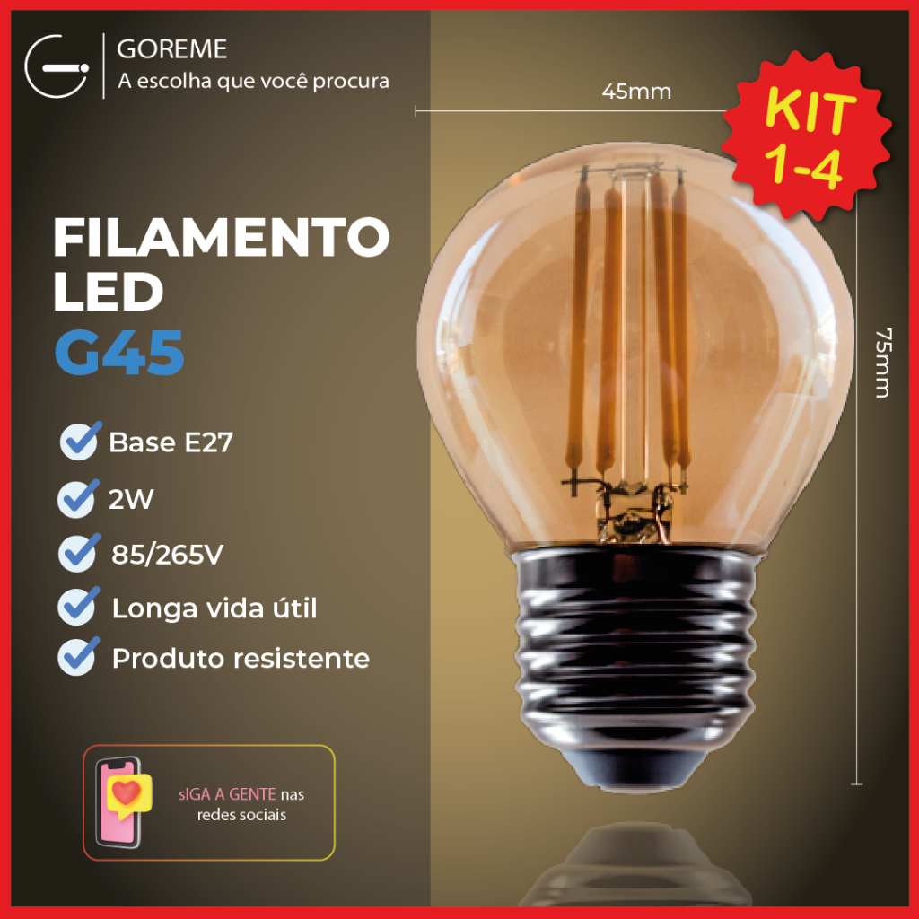Lâmpada Filamento LED G45 4W E27 LUZ QUENTE (AMARELO) Âmbar Retrô Vintage 110V~220V | Bivolt em Oferta na Shopee