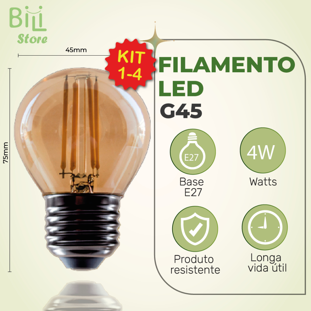 Lâmpada Filamento LED G45 4W E27 LUZ QUENTE (AMARELO) Âmbar Retrô Vintage 110V~220V | Bivolt em Oferta na Shopee
