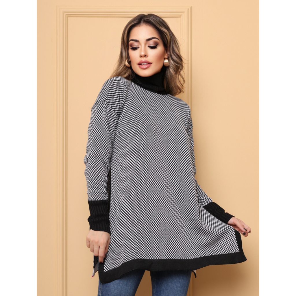Poncho Feminino Tricô manga longa
