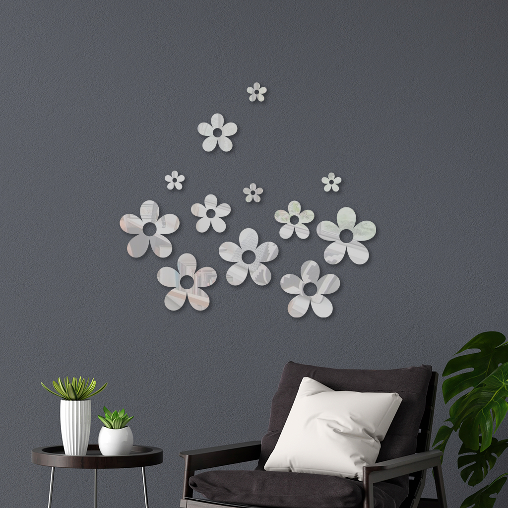 Kit com 12 Espelhos Aplique de Parede Flores Decorativo em Acrílico