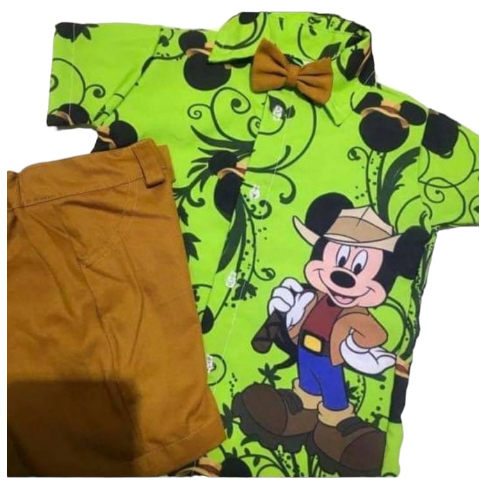 Conjunto Menino Infantil Luxo Temático Mickey Safari Verde + Bermuda Caramelo
