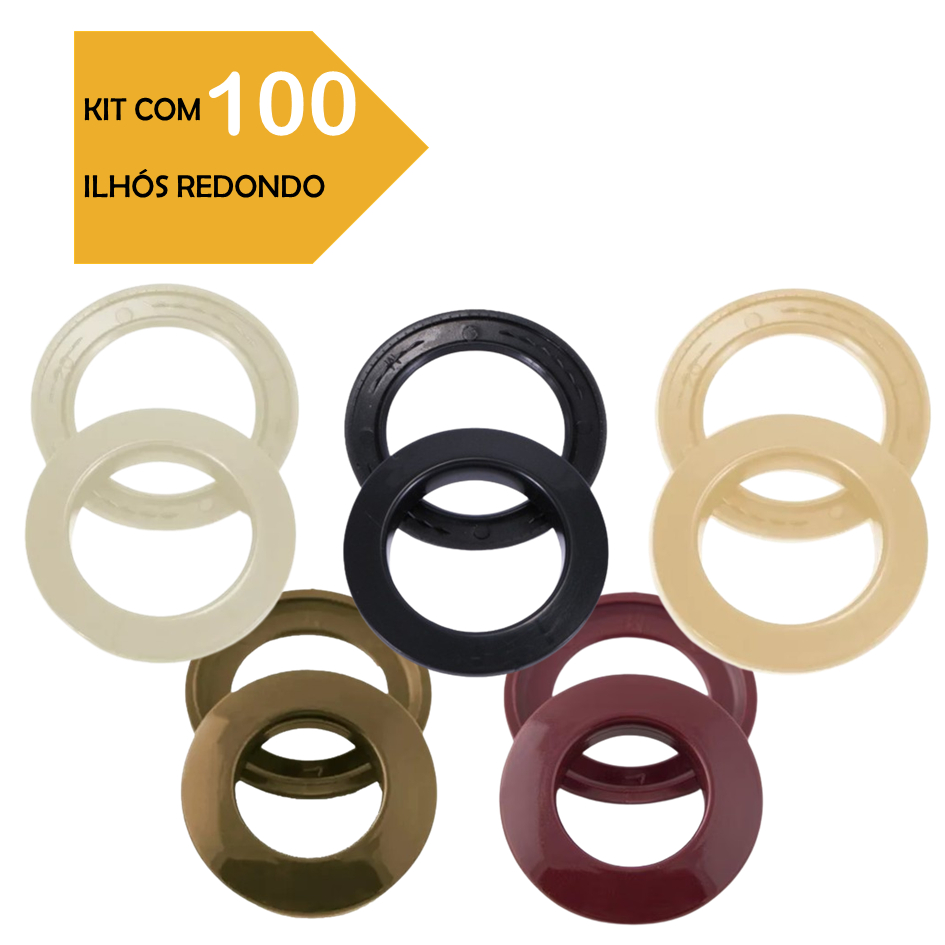 CONJUNTO 100 UNIDADES / PARES DE ILHÓS 28MM REDONDO PARA CORTINA COLORIDO