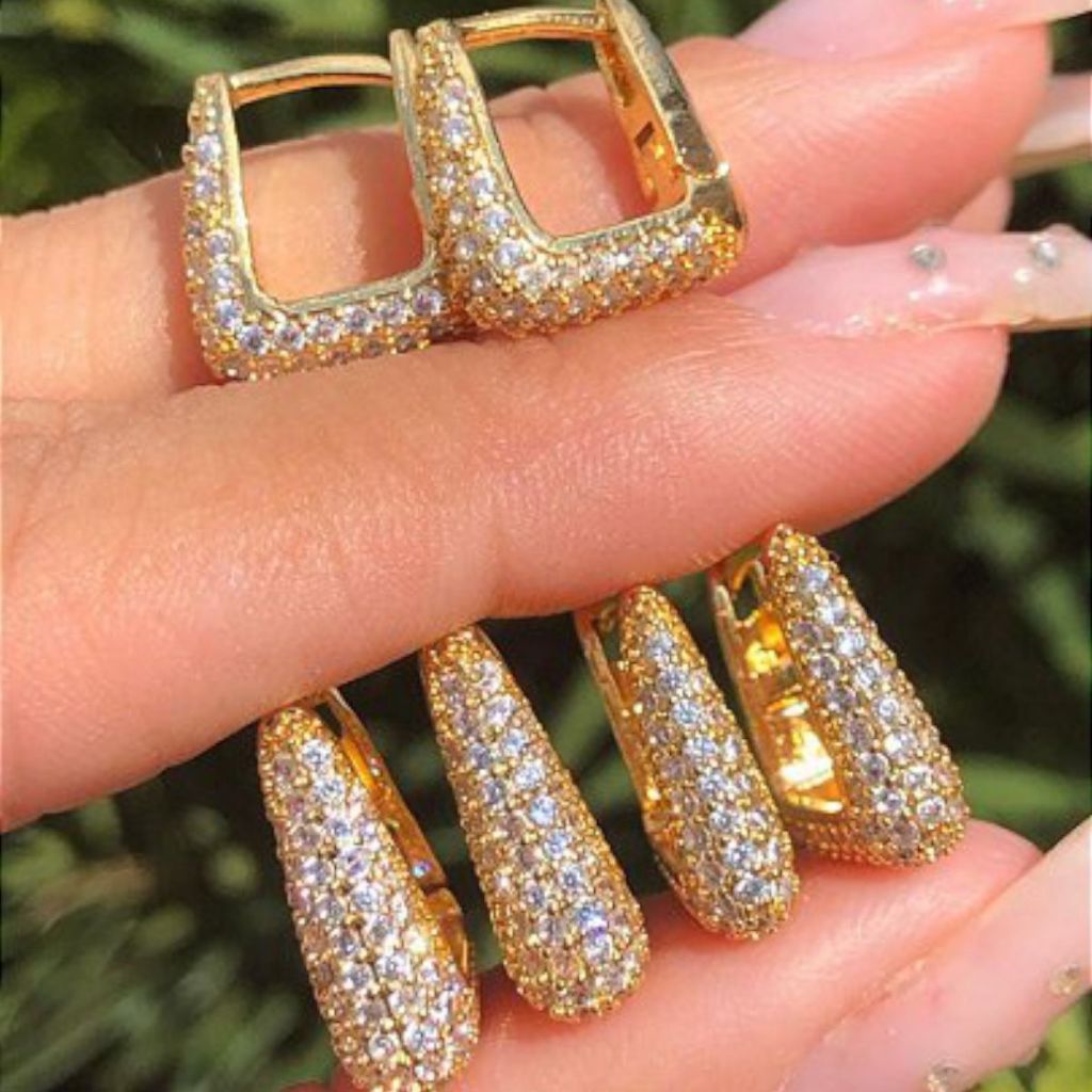 Trio Brincos Argola Triângulo Cravejado Zircônia Banhado a Ouro 18k em Oferta na Shopee