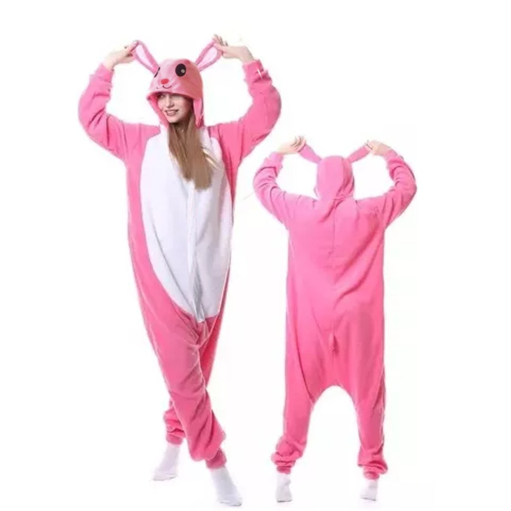 Pijama Kigurumi Coelho Rosa ou Azul Páscoa Coelhinha Macacão Malha Leve