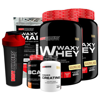 Kit 2x Whey Protein Waxy Whey Pote 900g + BCAA 4,5 100g + Creatina Power 100g + Waxy Maize 800g + Coqueteleira Para Aumento de Massa Muscular Bodybuilders