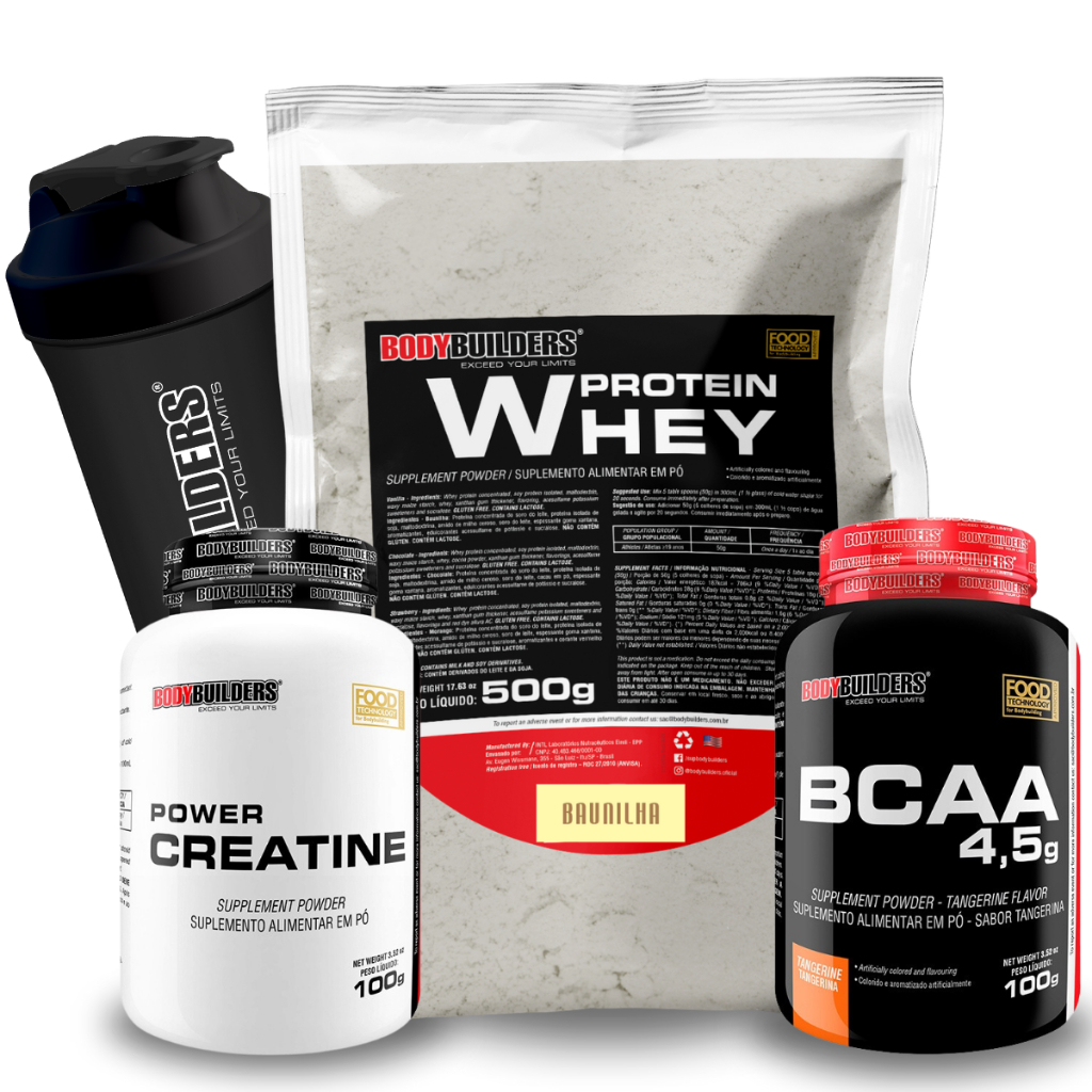 Kit Whey Protein Concentrado 500g + BCAA 100g + Creatina 100g + Coqueteleira - Para Ganho de Massa Bodybuilders