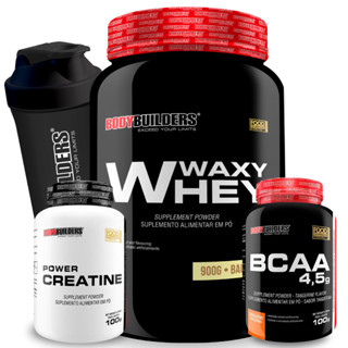 Kit Whey Protein Waxy Whey Pote 900g + Bcaa 4,5g 100g + Creatina Power 100g + Coqueteleira Kit Para Aumento de Massa Muscular Bodybuilders