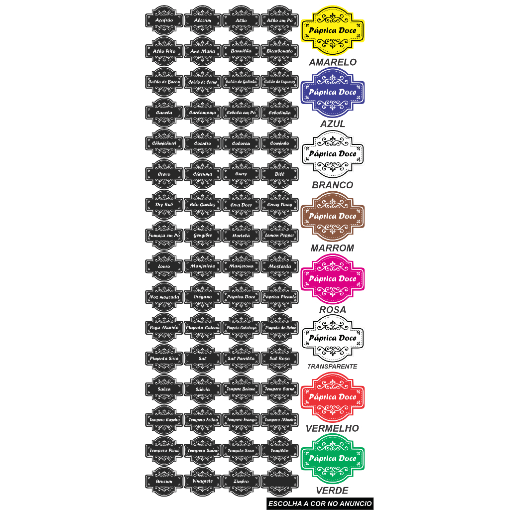 CARTELA TEMPERO 63 ETIQUETAS ADESIVO AUTO COLANTE ROTULO 5X4 CM A PROVA DE AGUA PARA POTES RECIPIENTE MANTIMENTOS CONDIMENTOS ORGANIZAÇÃO  E BELEZA PARA SUA COZINHA COR AMARELO AZUL PRETO MARROM ROSA VERDE VERMELHO TRANSPARENTE BRANCO
