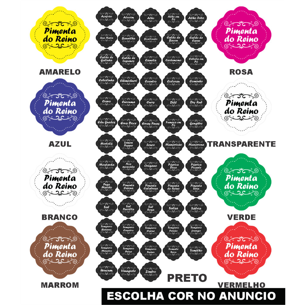 CARTELA TEMPERO 63 ETIQUETAS ADESIVO AUTO COLANTE ROTULO 5X5 CM A PROVA DE AGUA PARA POTES RECIPIENTE MANTIMENTOS CONDIMENTOS ORGANIZAÇÃO  E BELEZA PARA SUA COZINHA COR AMARELO AZUL PRETO MARROM ROSA VERDE VERMELHO TRANSPARENTE BRANCO