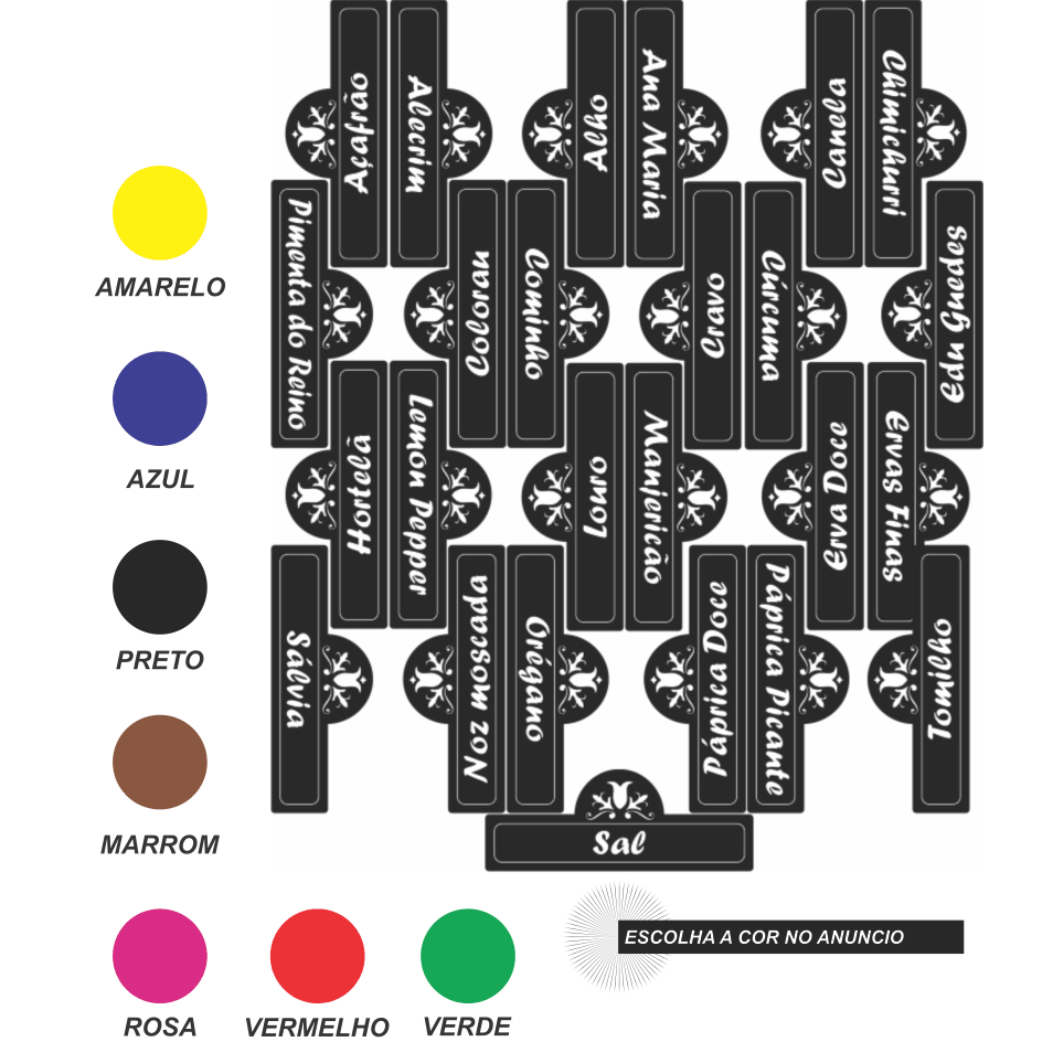 CARTELA TEMPERO 25 ETIQUETAS ADESIVO AUTO COLANTE ROTULO 6X2 CM A PROVA DE AGUA PARA POTES RECIPIENTE MANTIMENTOS CONDIMENTOS ORGANIZAÇÃO  E BELEZA PARA SUA COZINHA COR AMARELO AZUL PRETO MARROM ROSA VERDE VERMELHO TRANSPARENTE BRANCO