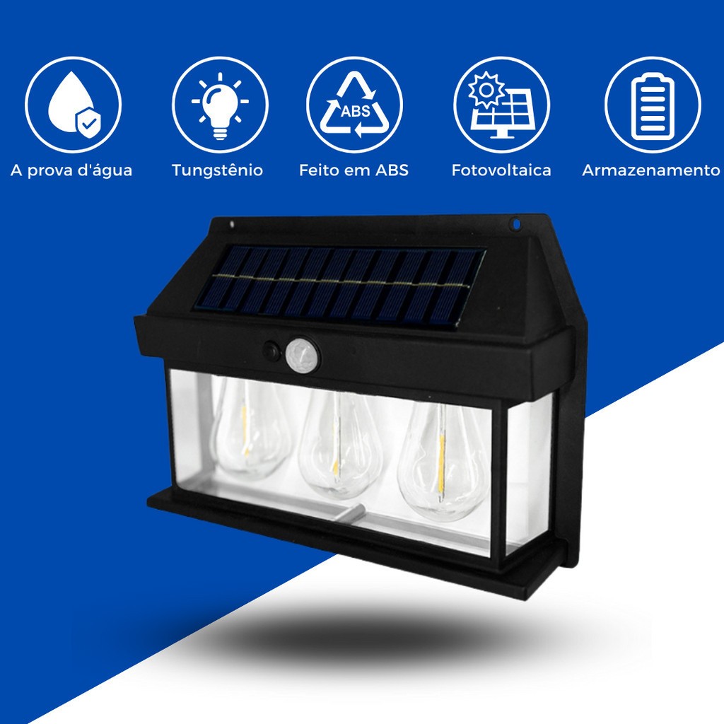 Luminária Solar Externa Potente 38w Arandela Energia Solar, Lâmpada Vintage com Sensor e Acendimento Automático,  Decoração e Iluminação de Ambientes