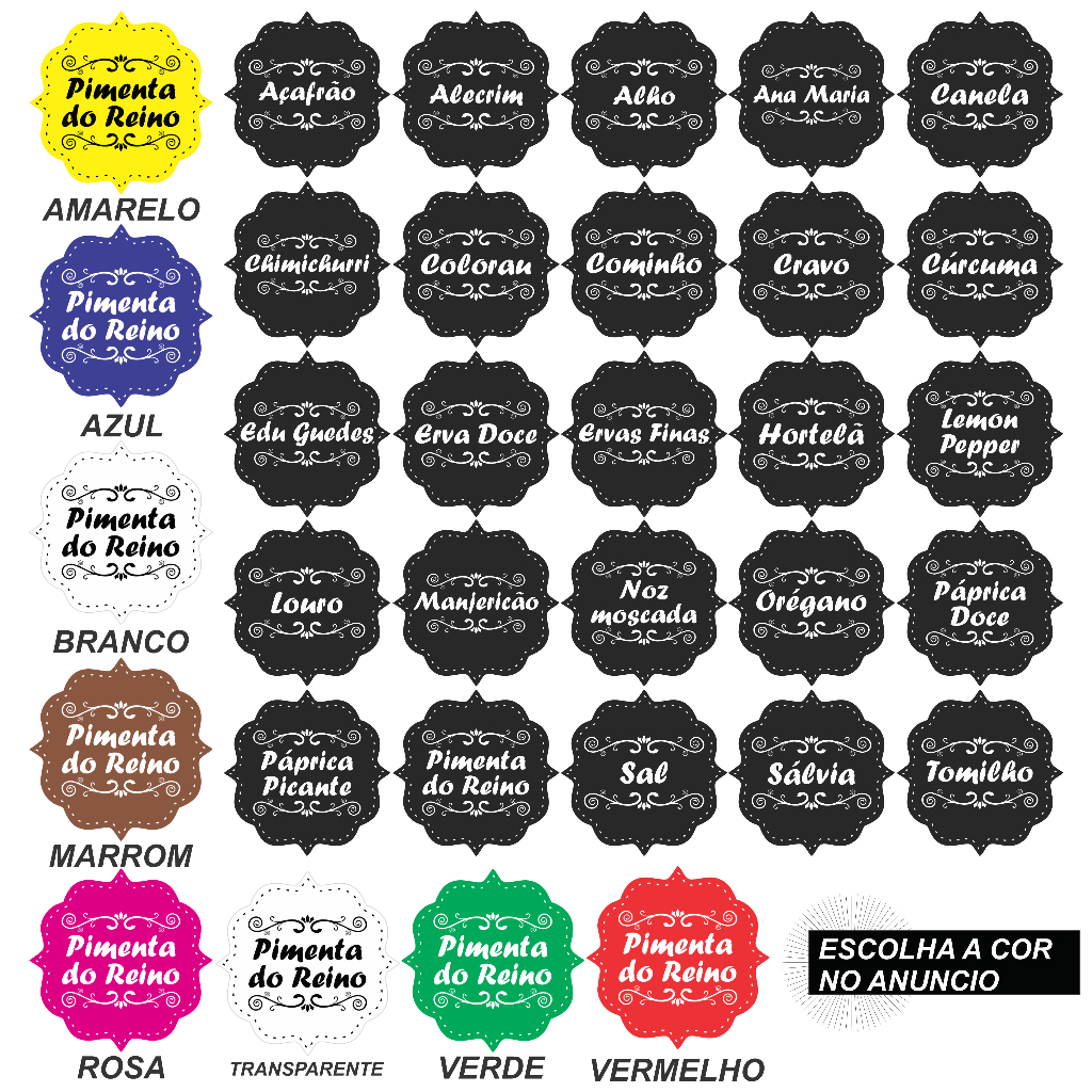CARTELA TEMPERO 25 ETIQUETAS ADESIVO AUTO COLANTE ROTULO 5X5 CM A PROVA DE AGUA PARA POTES RECIPIENTE MANTIMENTOS CONDIMENTOS ORGANIZAÇÃO  E BELEZA PARA SUA COZINHA COR AMARELO AZUL PRETO MARROM ROSA VERDE VERMELHO TRANSPARENTE BRANCO