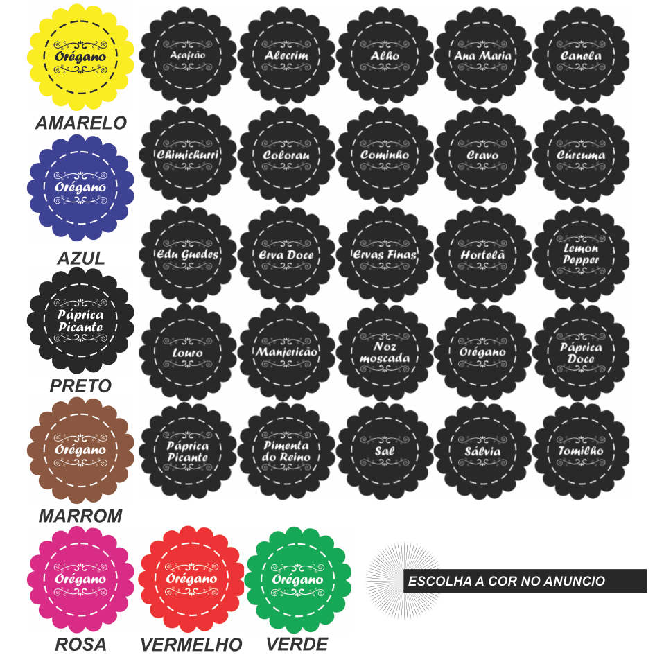 CARTELA TEMPERO 25 ETIQUETAS ADESIVO AUTO COLANTE ROTULO 5 CM DIAMETRO  A PROVA DE AGUA PARA POTES RECIPIENTE MANTIMENTOS CONDIMENTOS ORGANIZAÇÃO  E BELEZA PARA SUA COZINHA COR AMARELO AZUL PRETO MARROM ROSA VERDE VERMELHO TRANSPARENTE BRANCO