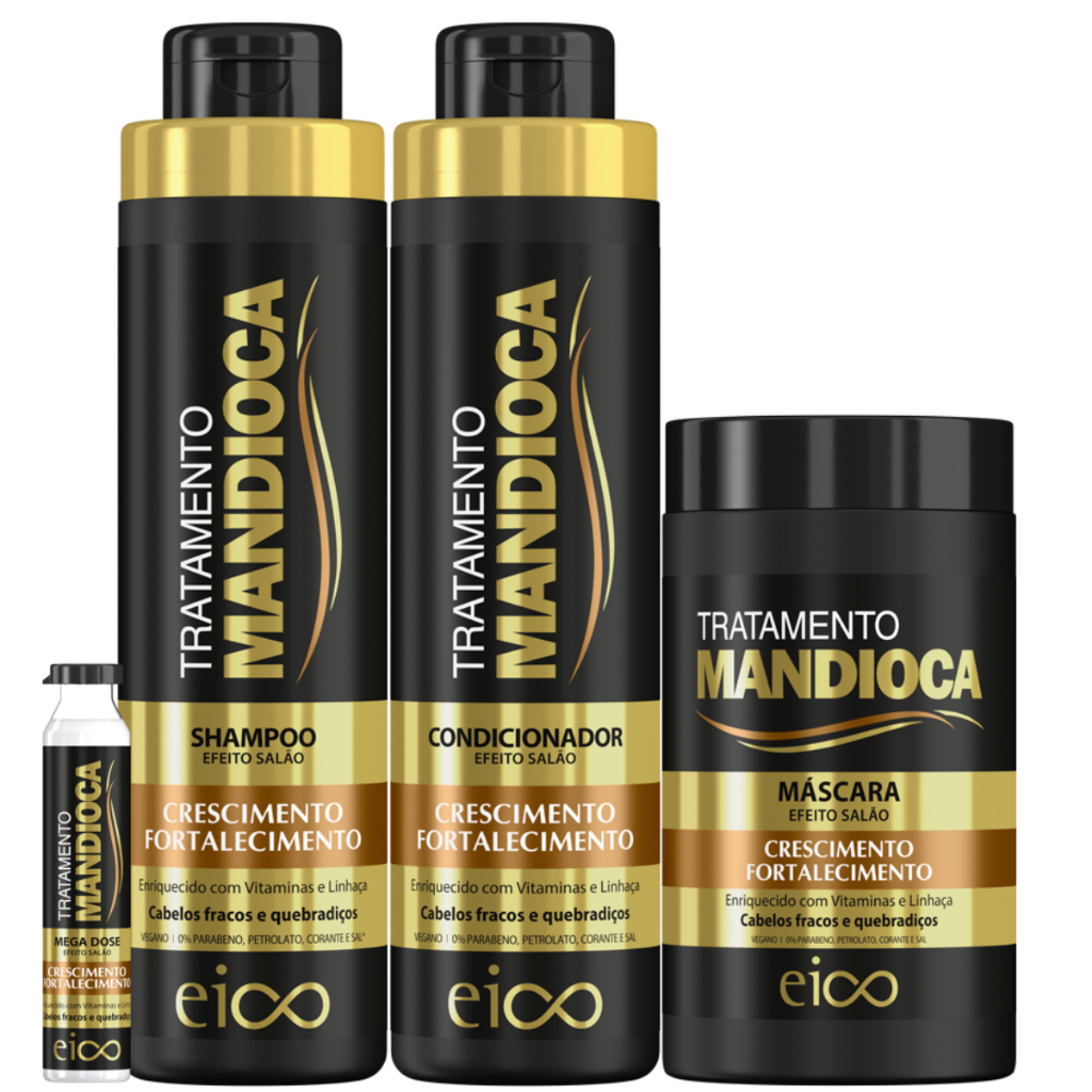 Eico Tratamento Mandioca Shampoo Condicionador 800ml + Máscara 1kg + Megadose Fortalecimento Brilho - Beauty