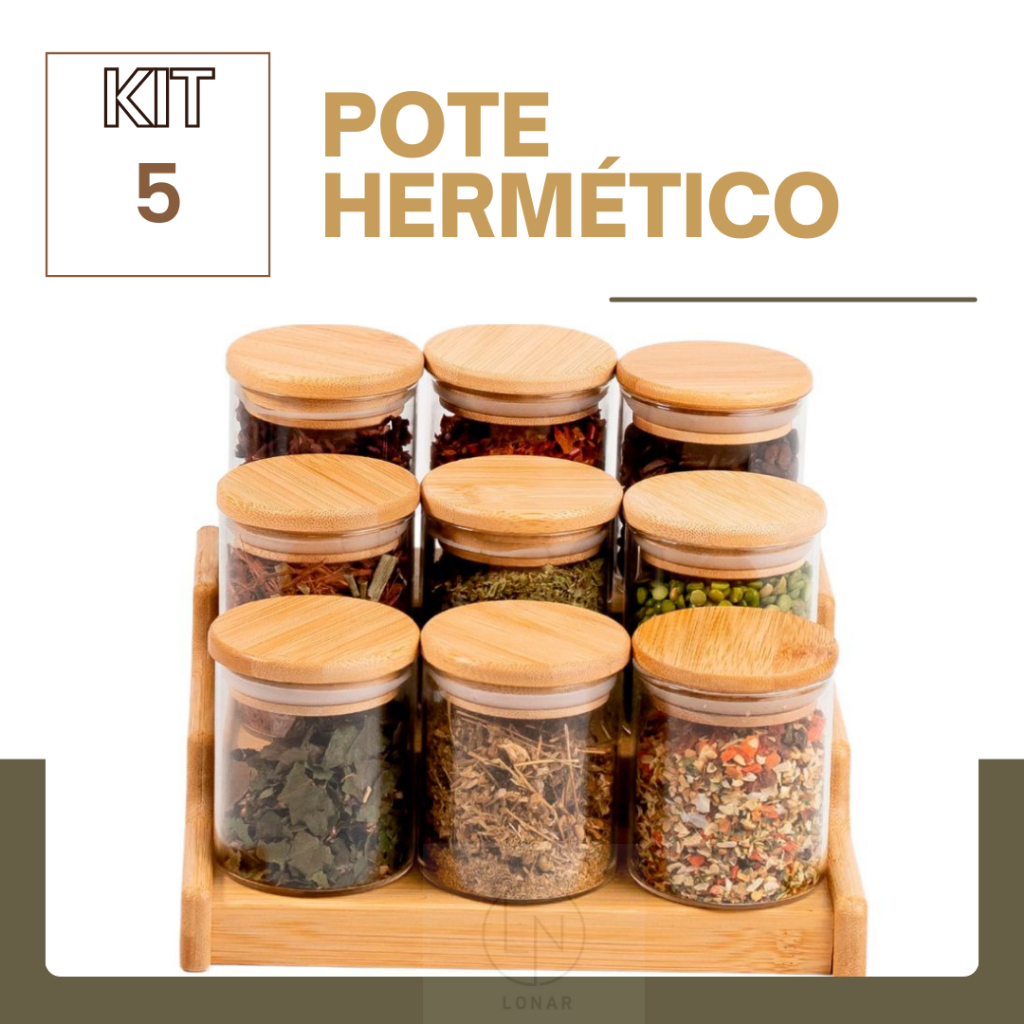 kit 5 Potes de Vidro  Hermético P/ Mantimentos C/ Tampa Bambu 250ml