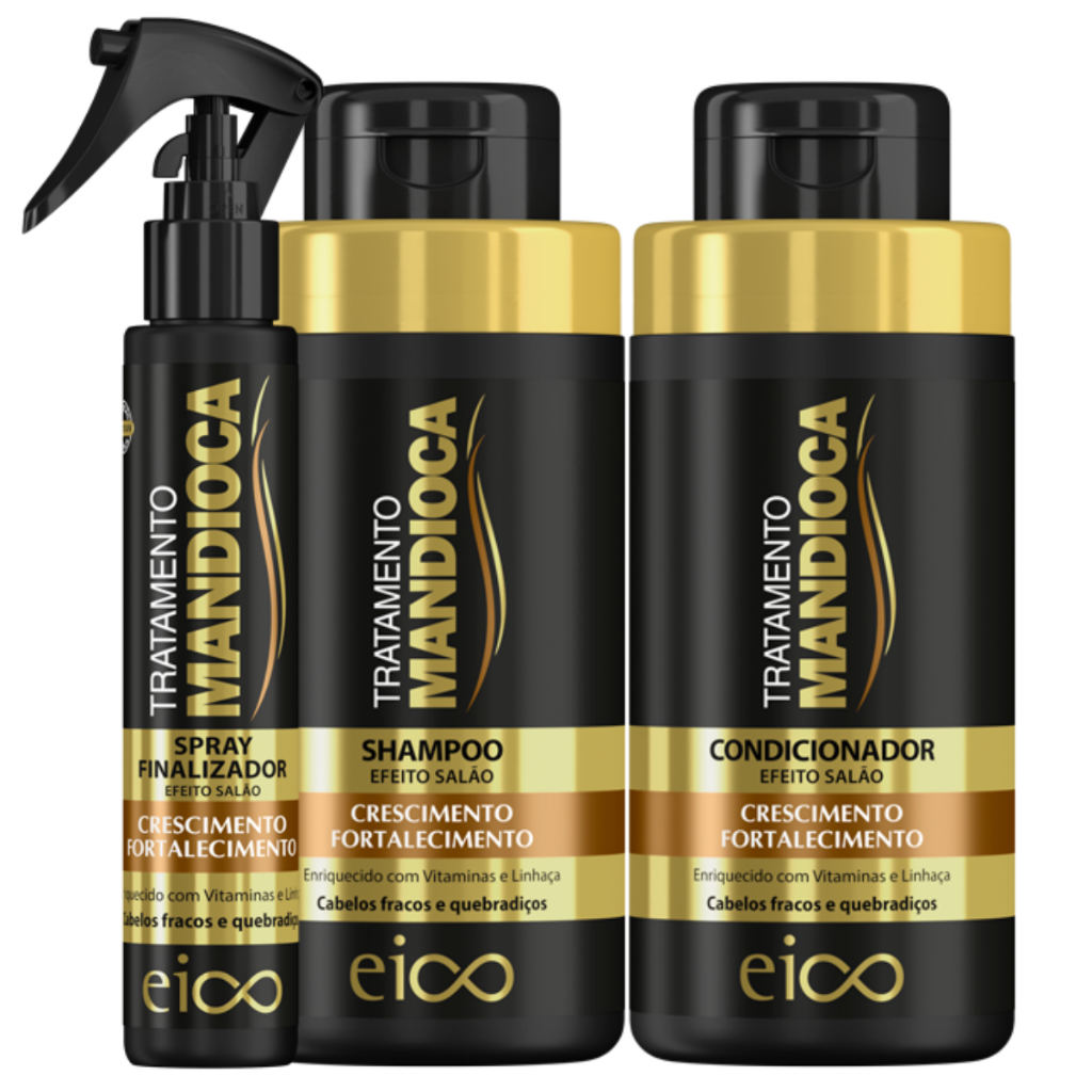 Eico Tratamento Mandioca Shampoo Sem Sal + Condicionador 450ml + Spray Leave-in Finalizador Protetor Térmico 120ml