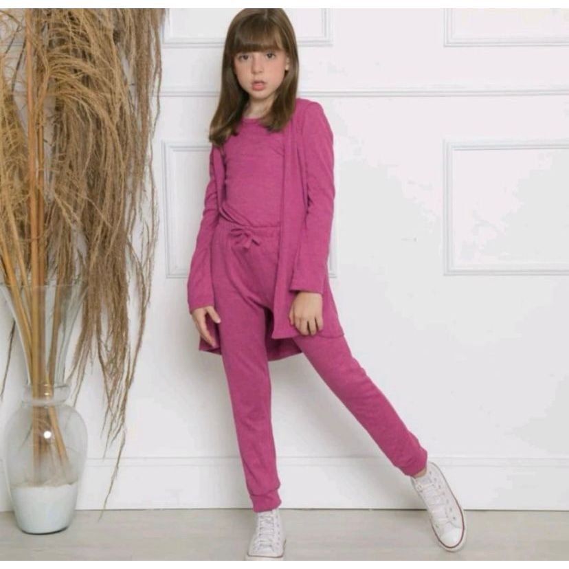 Conjunto Trio Infantil Menina Lãnzinha Kit Com 3 peças Calça + Cropped + Cardigan Moda Feminina Mini Diva Estilosa