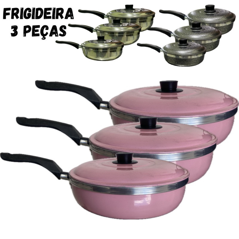 Jogo De Frigideiras 3 PEÇAS com Tampa em Alumínio. em Oferta na Shopee