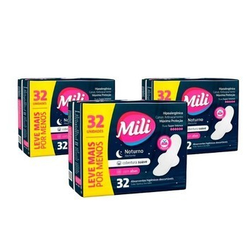 Absorvente Mili Noturno Com Abas Suave c/3x 32un, um dos maiores do Brasil,96 unidades.