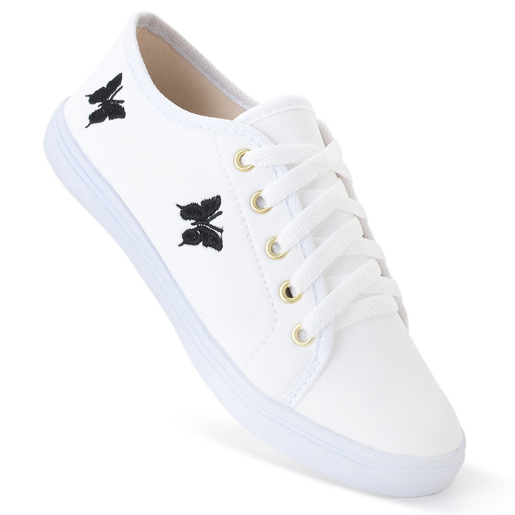 Tênis Borboleta Casual Estiloso Sapatenis Feminino Modinha Super Confortável Colegial Old School Branco, Preto e Azul BB
