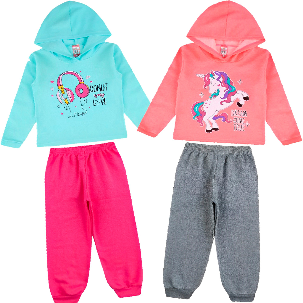Kit 2 Conjuntos Moletom Infantil Menina Flanelado Inverno Roupa Quentinha