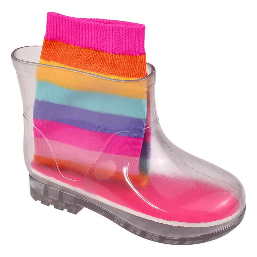 Galocha Feminina Infantil Transparente Solado Antiderrapante + Meia Colorida Kit Inverno