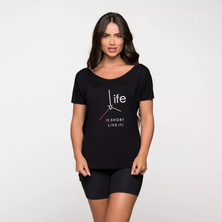 Blusa Fitness Feminina Academia Viscolycra Basica Preta Com Estampa Life